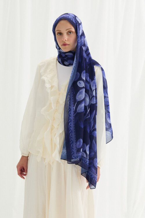 Camellia İpek Krep Şal - Lacivert - Camellia Scarfs (1)