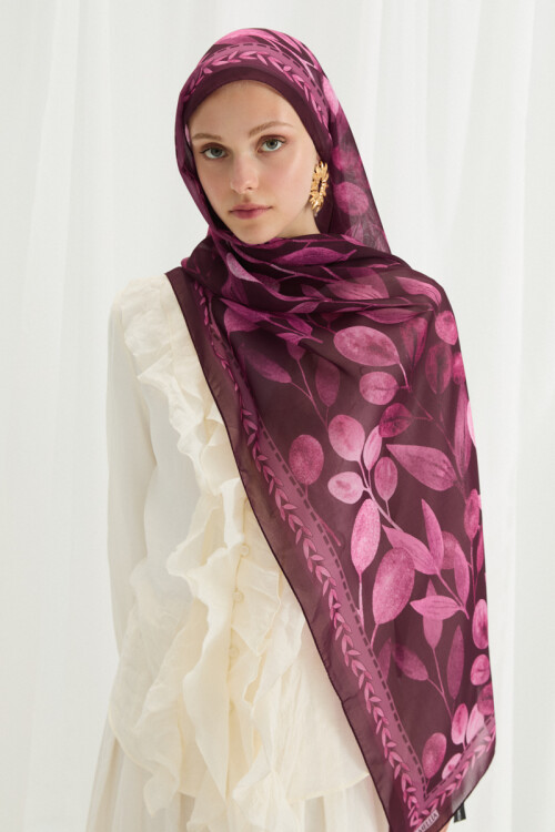 Camellia İpek Krep Şal - Mürdüm - Camellia Scarfs (1)