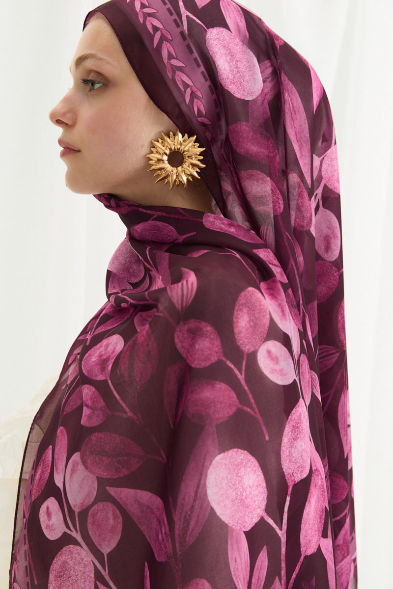 Camellia İpek Krep Şal - Mürdüm - 4