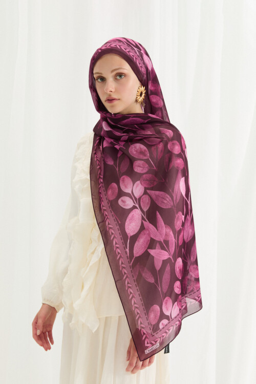 Camellia İpek Krep Şal - Mürdüm - Camellia Scarfs