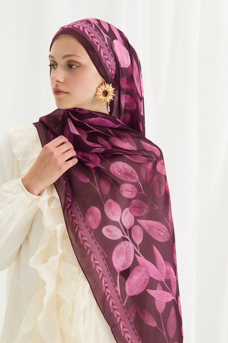 Camellia İpek Krep Şal - Mürdüm - 3