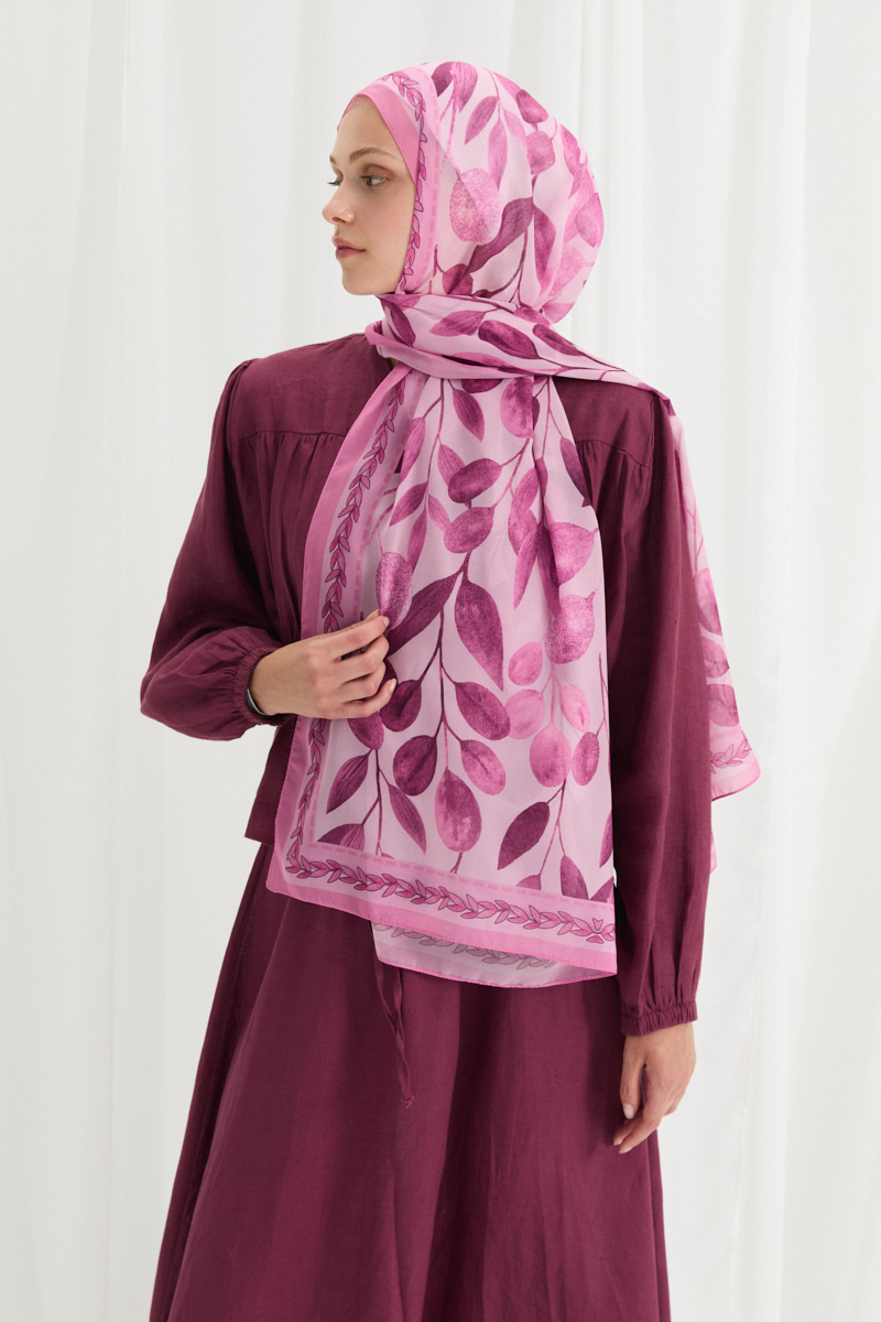 Camellia İpek Krep Şal - Pembe - 3