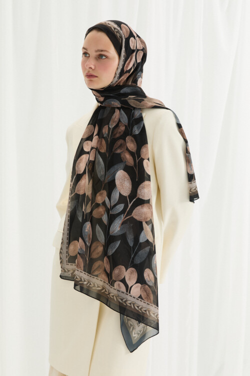Camellia İpek Krep Şal - Siyah-Bej - Camellia Scarfs (1)