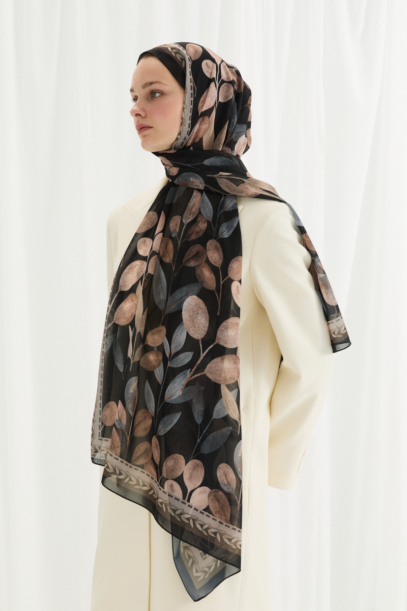 Camellia İpek Krep Şal - Siyah-Bej - 3