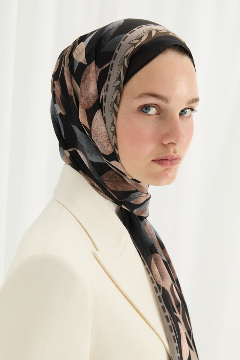 Camellia İpek Krep Şal - Siyah-Bej - 4