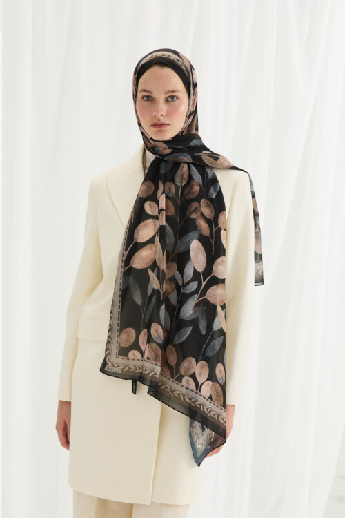 Camellia İpek Krep Şal - Siyah-Bej - Camellia Scarfs