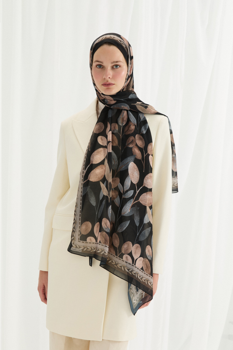 Camellia İpek Krep Şal - Siyah-Bej - 1