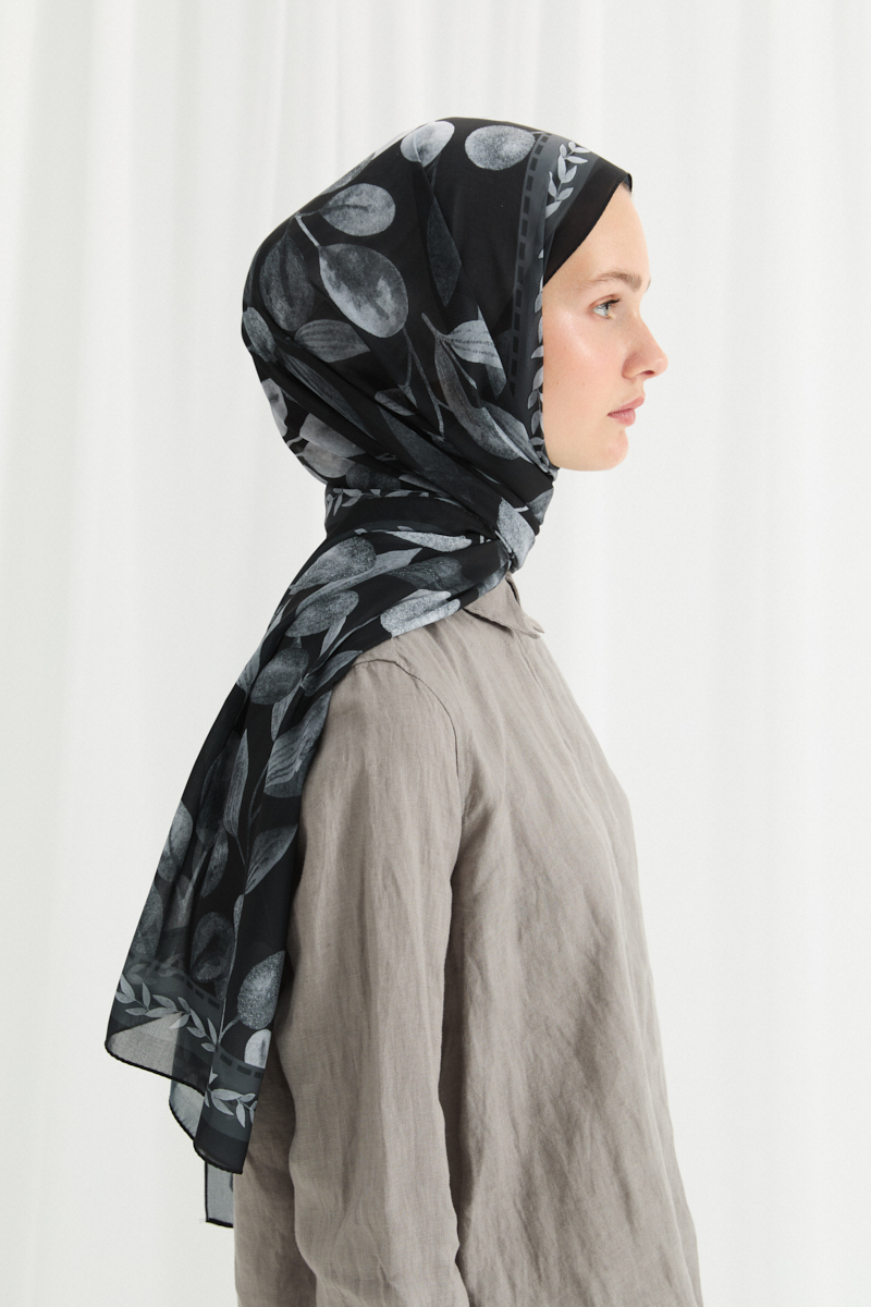 Camellia İpek Krep Şal - Siyah - 3