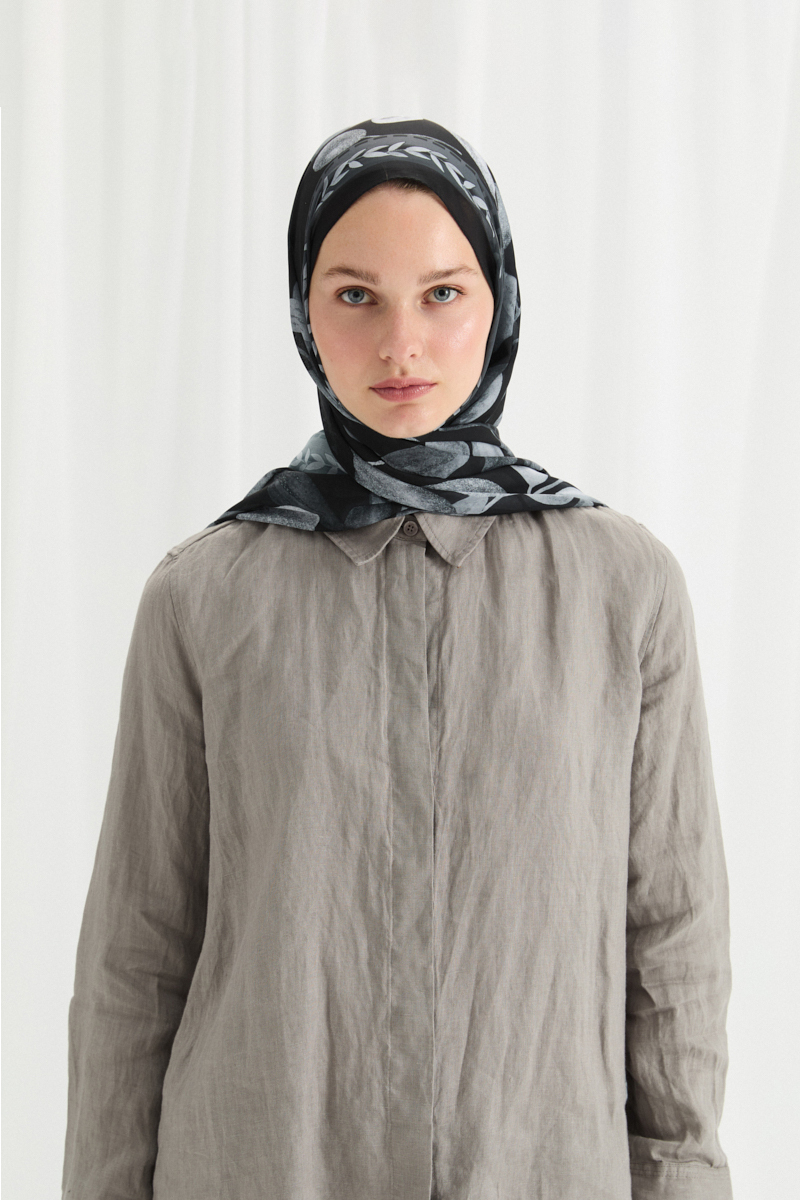 Camellia İpek Krep Şal - Siyah - 1