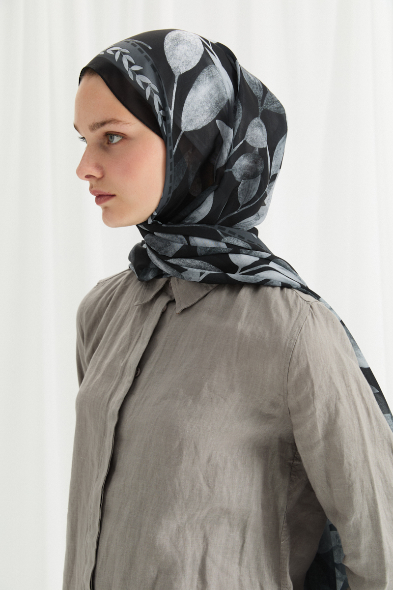 Camellia İpek Krep Şal - Siyah - 4