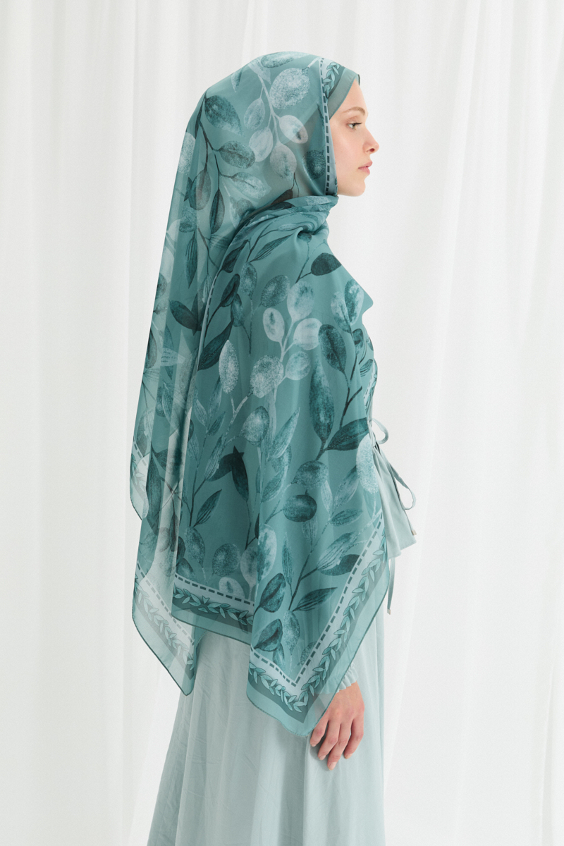 Camellia İpek Krep Şal - Turkuaz - 3