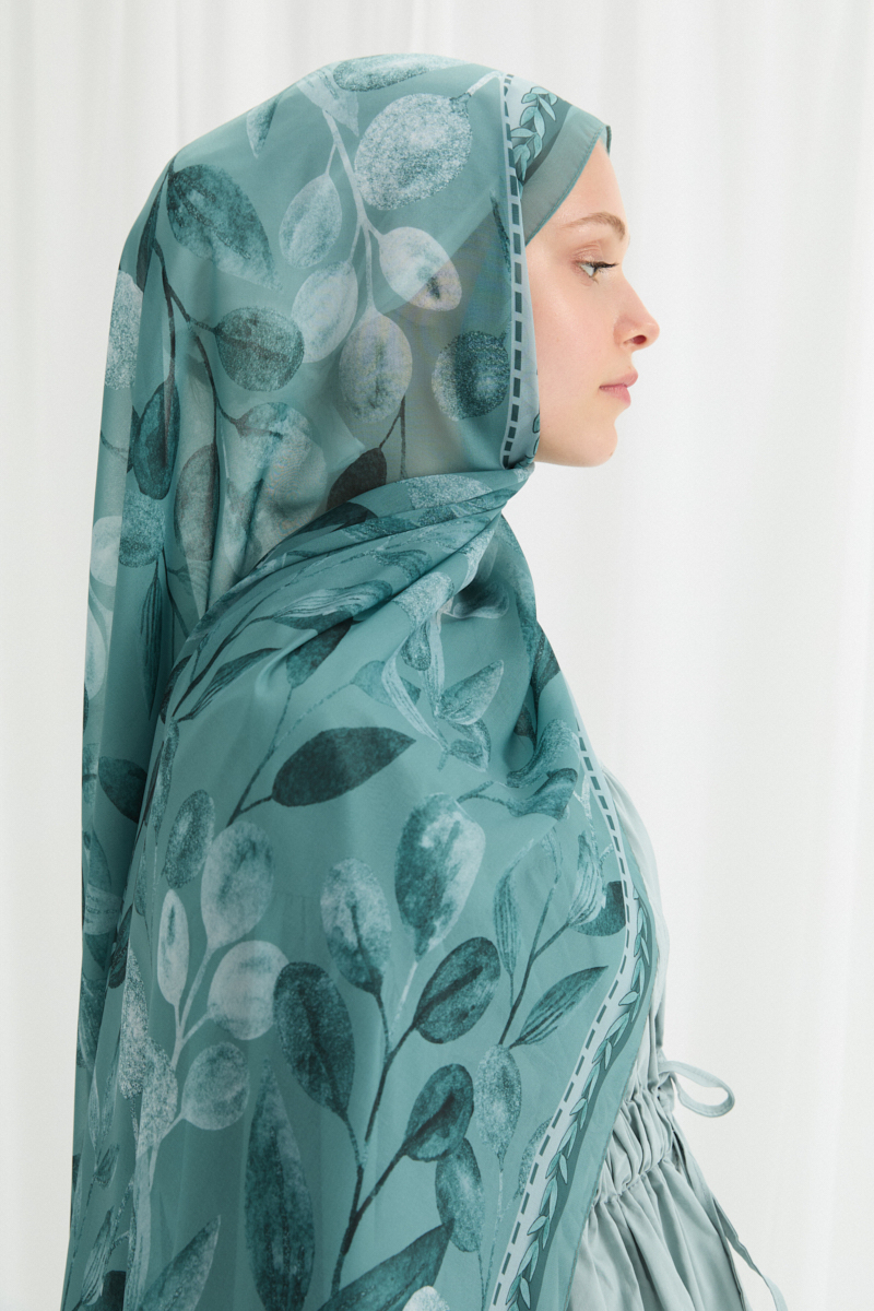 Camellia İpek Krep Şal - Turkuaz - 4