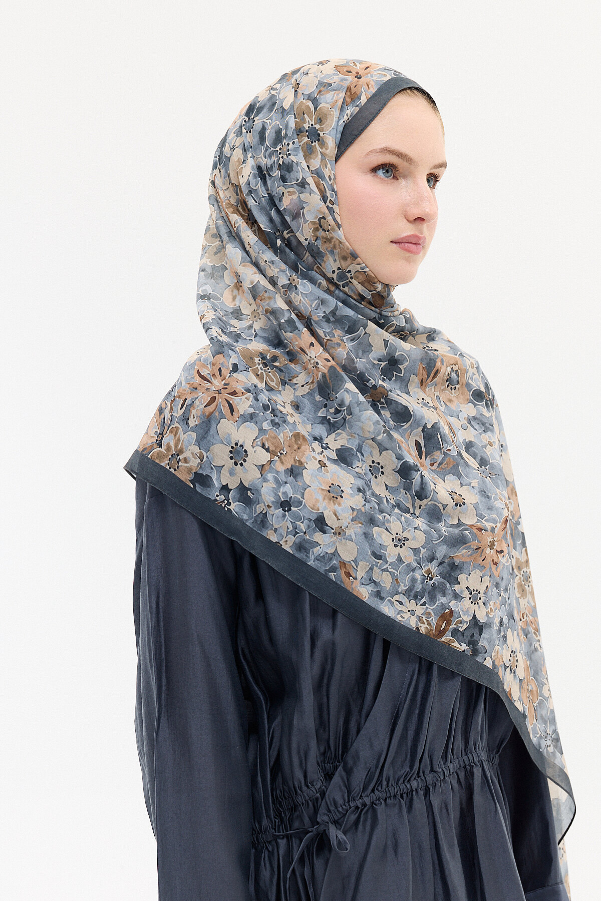 Çıtır Çiçek Desen Soft Pamuk Şal - Antrasit - Camellia Scarfs (1)