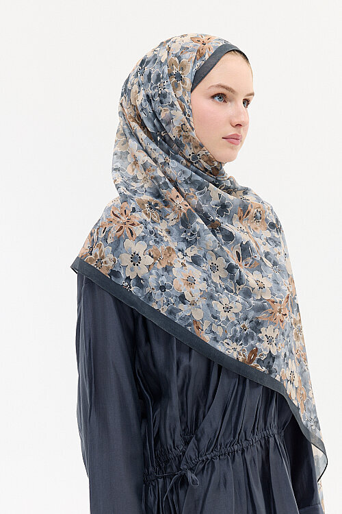 Çıtır Çiçek Desen Soft Pamuk Şal - Antrasit - Camellia Scarfs (1)