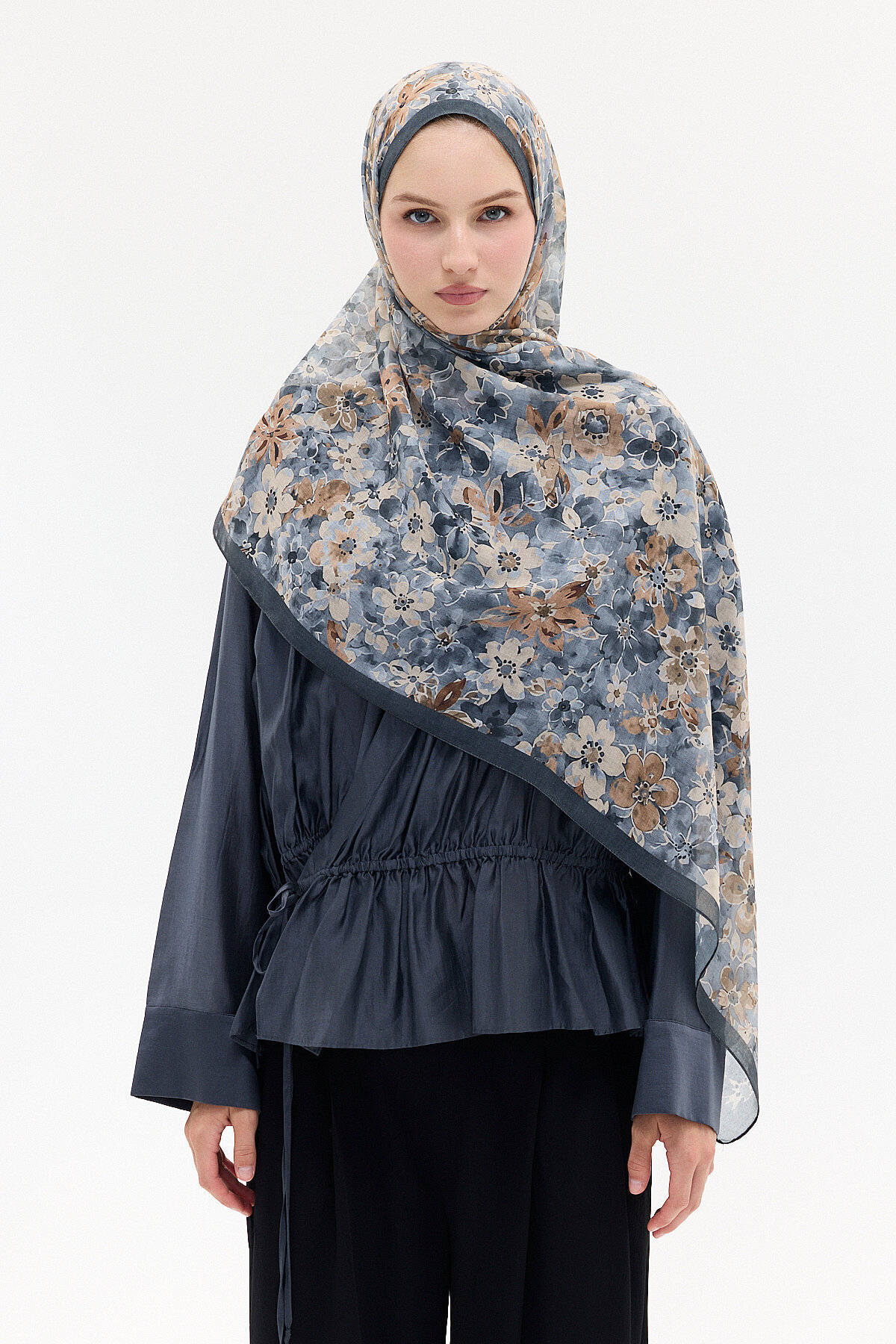 Çıtır Çiçek Desen Soft Pamuk Şal - Antrasit - Camellia Scarfs