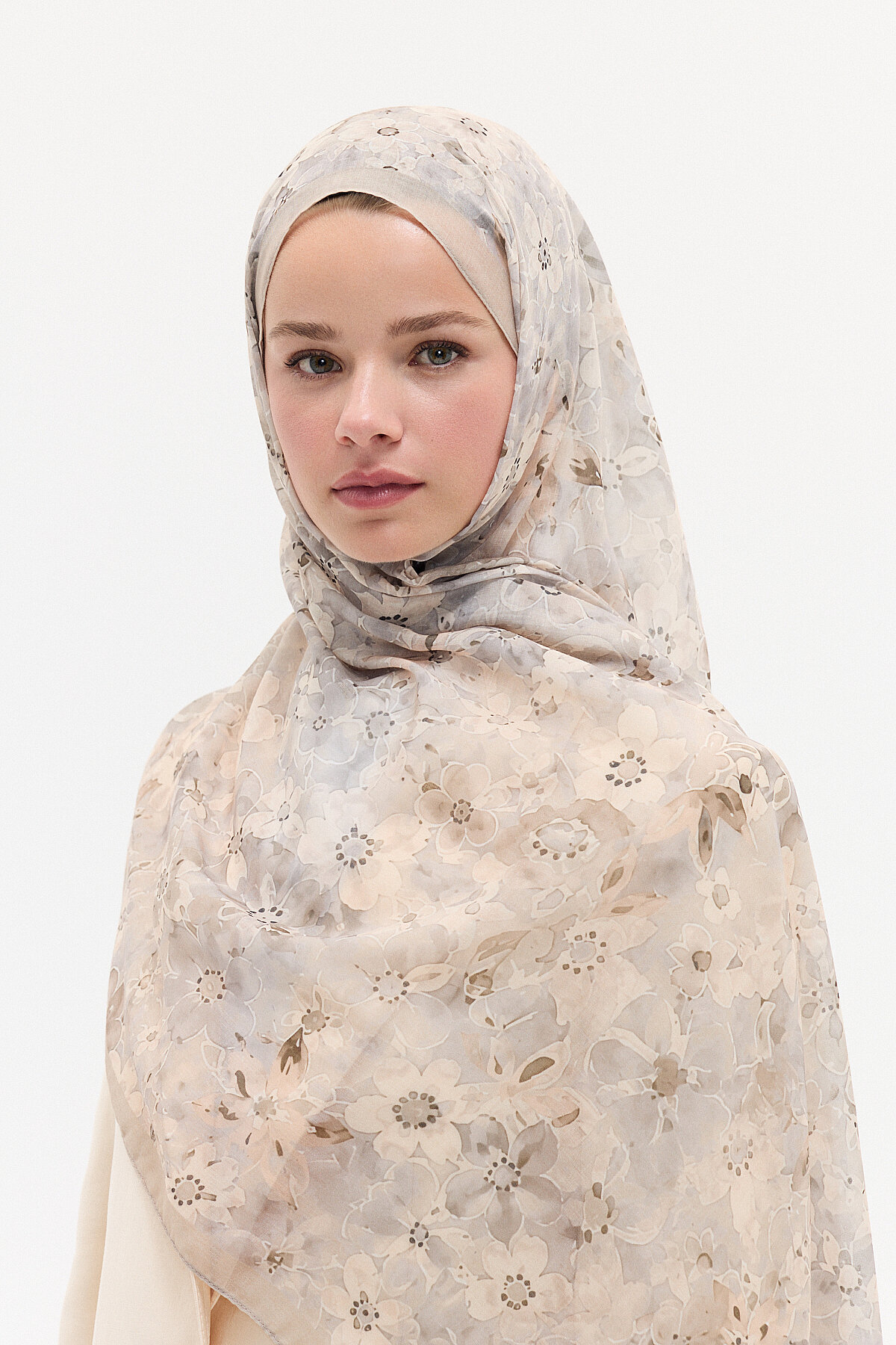 Çıtır Çiçek Desen Soft Pamuk Şal - Bej - Camellia Scarfs (1)