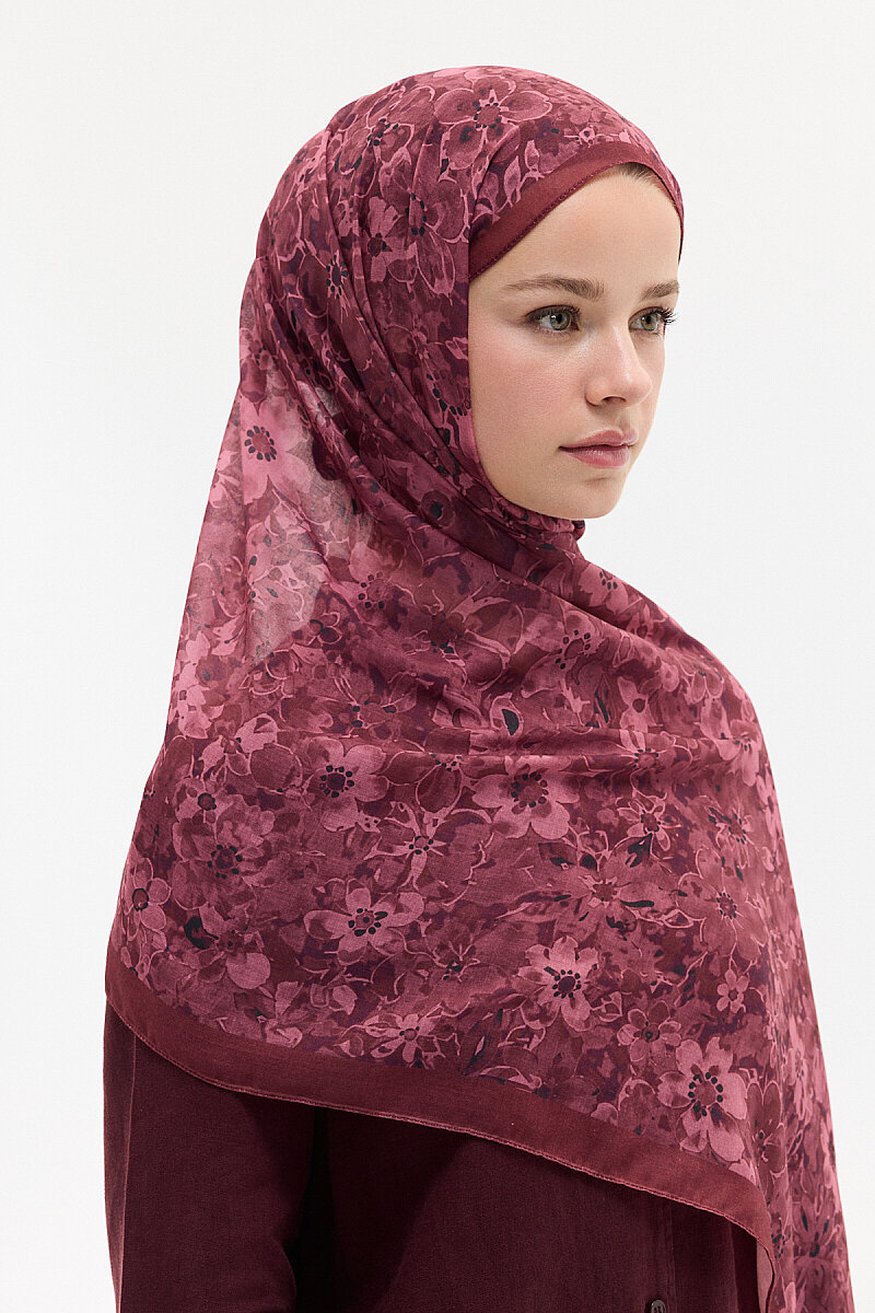 Çıtır Çiçek Desen Soft Pamuk Şal - Bordo - 4