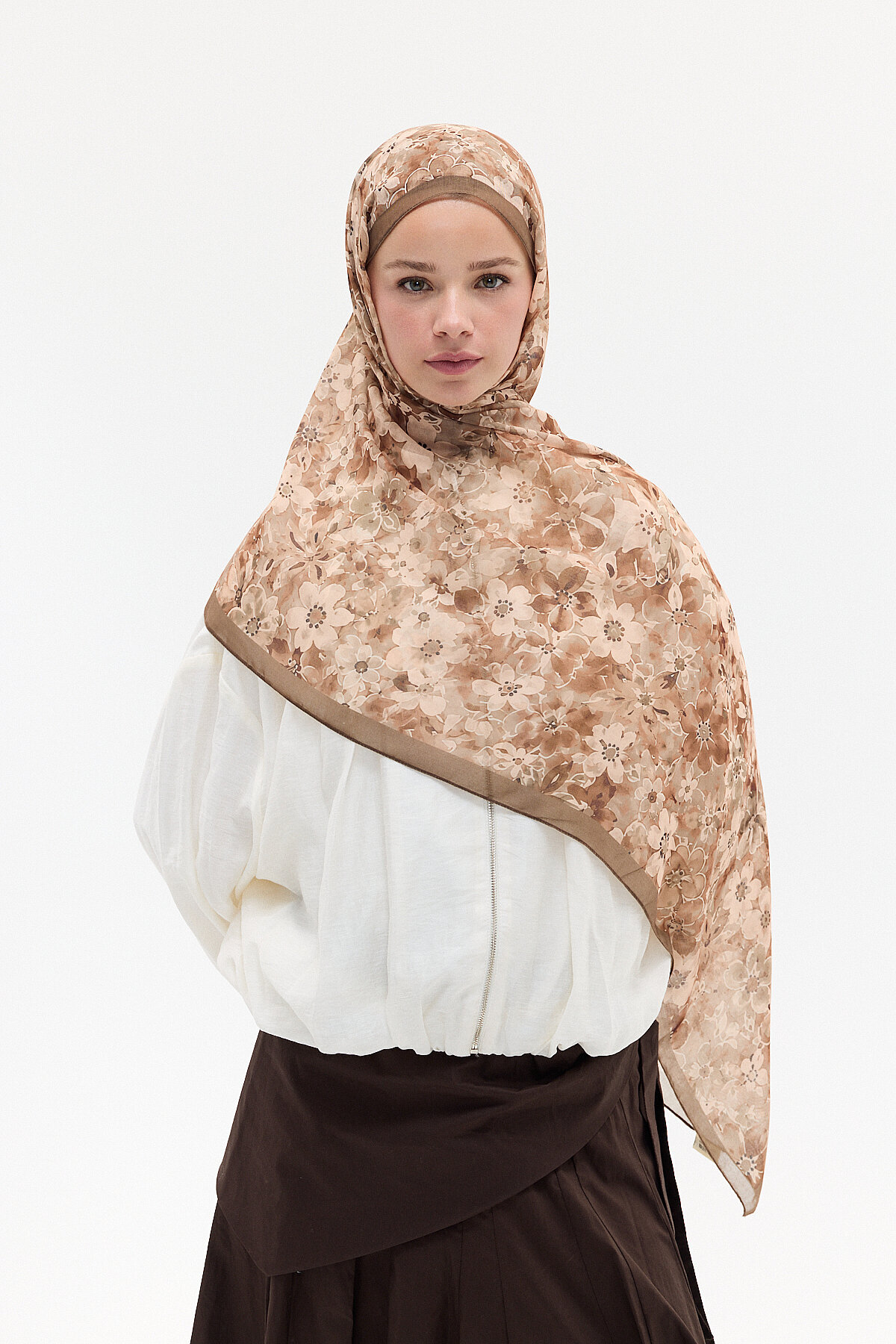 Çıtır Çiçek Desen Soft Pamuk Şal - Kahve - Camellia Scarfs