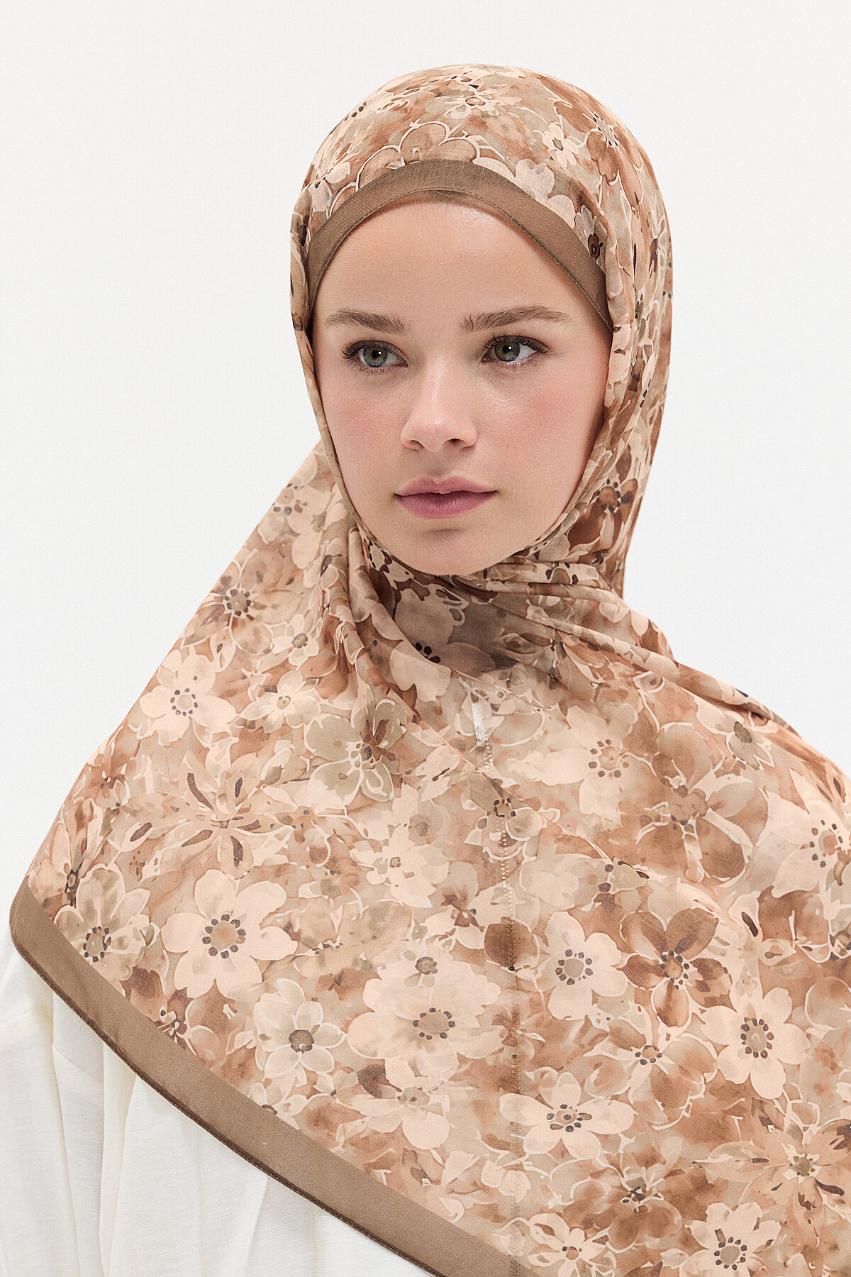 Çıtır Çiçek Desen Soft Pamuk Şal - Kahve - Camellia Scarfs (1)