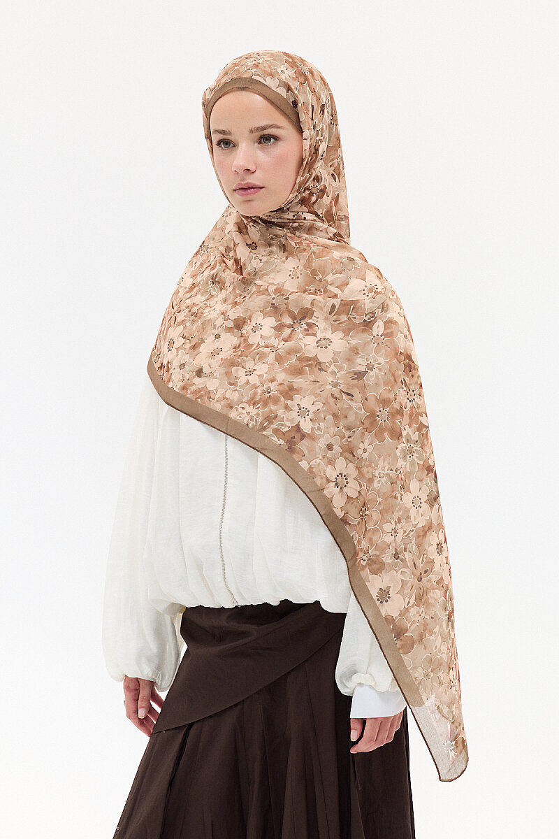 Çıtır Çiçek Desen Soft Pamuk Şal - Kahve - 3
