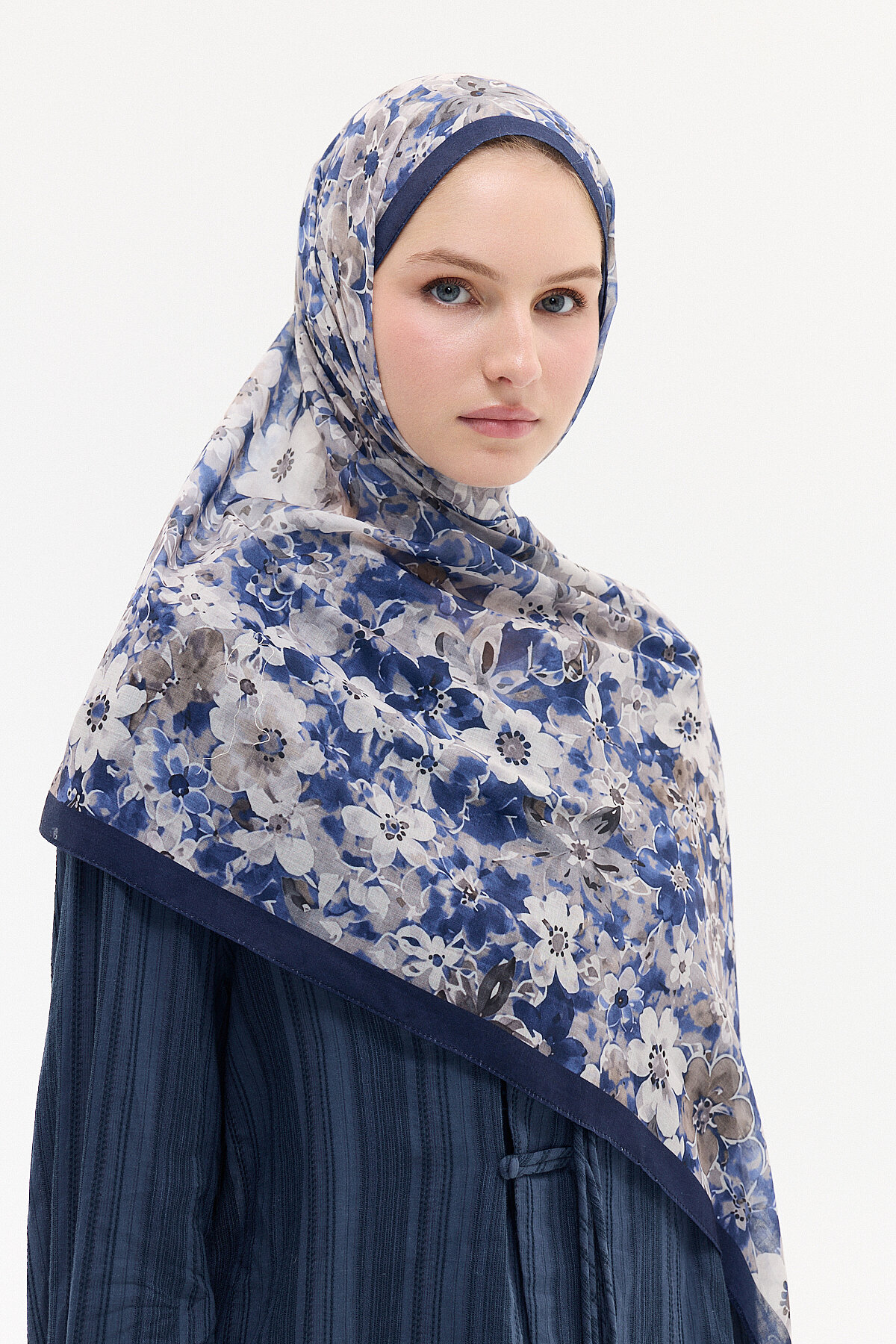 Çıtır Çiçek Desen Soft Pamuk Şal - Lacivert - Camellia Scarfs (1)