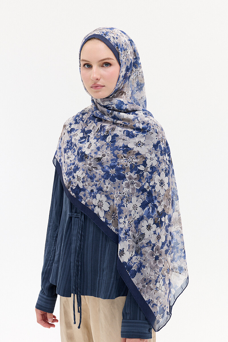 Çıtır Çiçek Desen Soft Pamuk Şal - Lacivert - 3