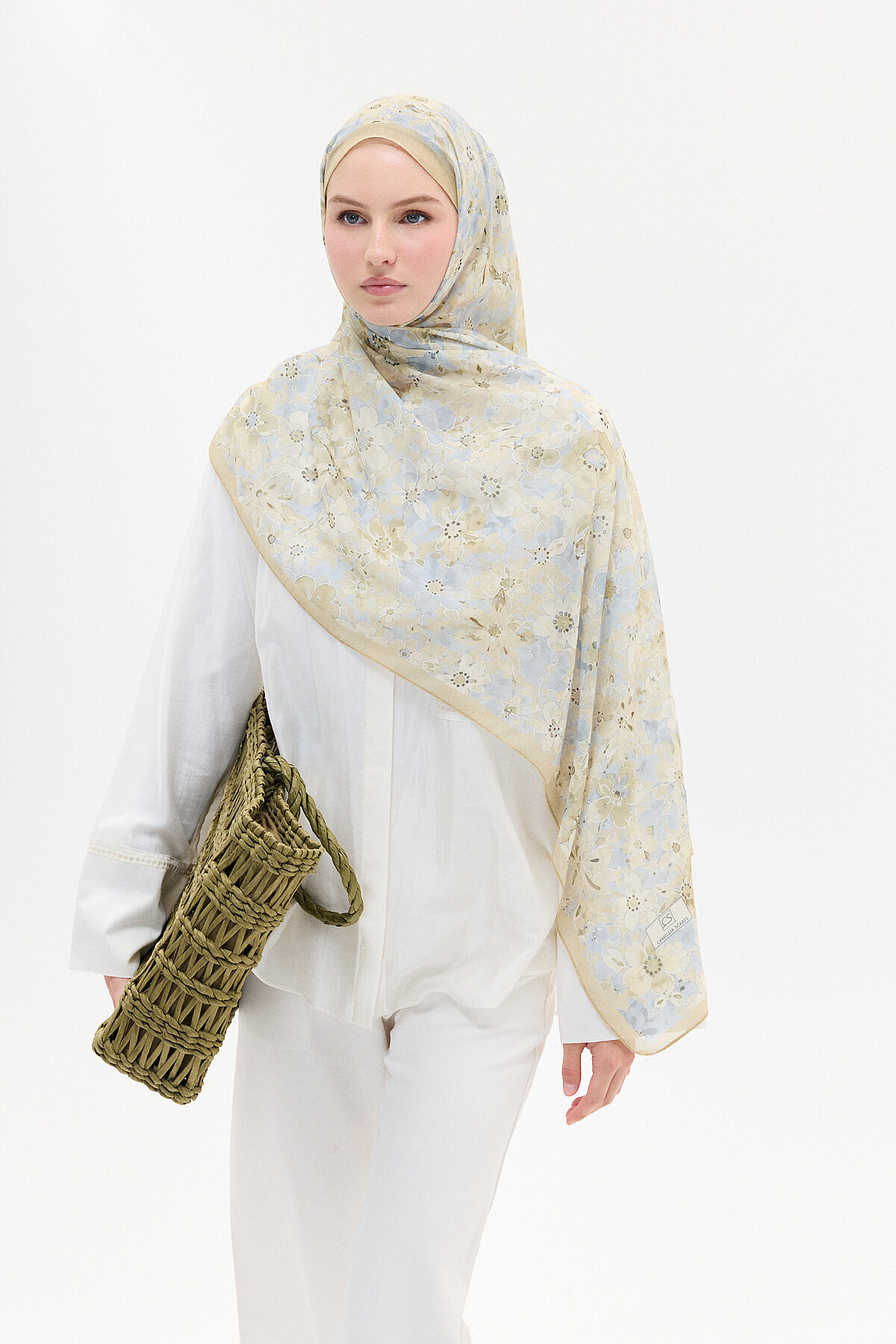 Çıtır Çiçek Desen Soft Pamuk Şal - Sarı-Gri - Camellia Scarfs