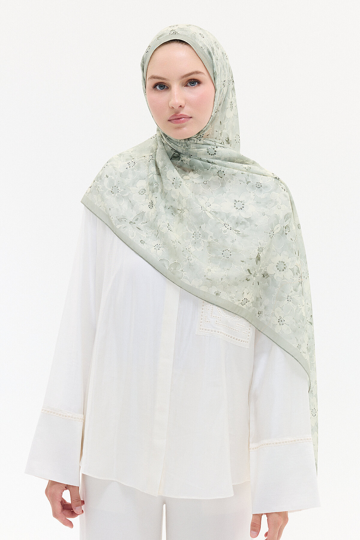 Çıtır Çiçek Desen Soft Pamuk Şal - Yeşil - Camellia Scarfs