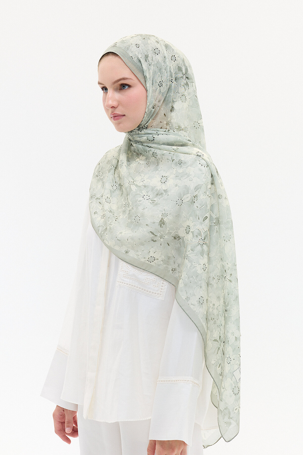 Çıtır Çiçek Desen Soft Pamuk Şal - Yeşil - Camellia Scarfs (1)