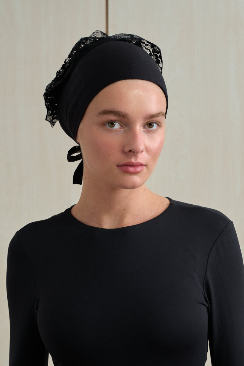 Dikişsiz Fırfır Topuz Bone - Siyah - 3