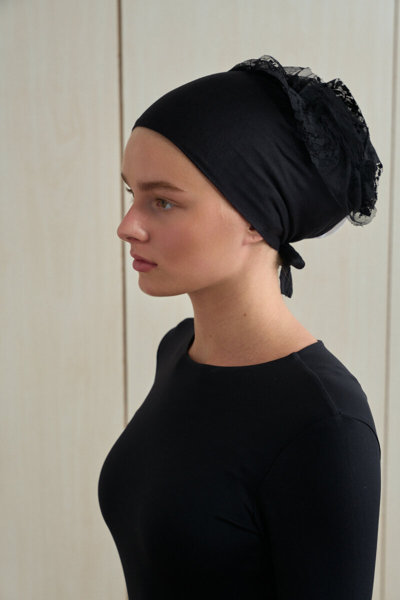 Dikişsiz Fırfır Topuz Bone - Siyah - 4