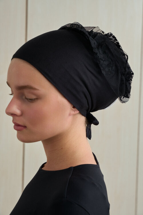 Dikişsiz Fırfır Topuz Bone - Siyah - Camellia Scarfs (1)