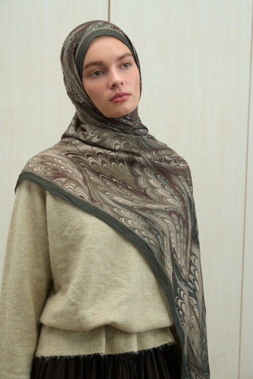 Ebruel Kraş Şal - Kahve Yeşil - Camellia Scarfs