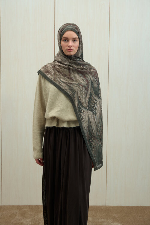 Ebruel Kraş Şal - Kahve Yeşil - Camellia Scarfs (1)