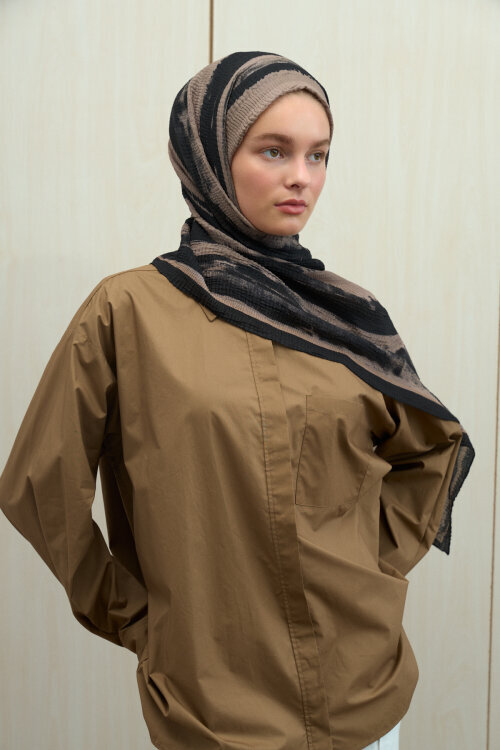 Elenora Müslin Şal - Siyah Bej - Camellia Scarfs