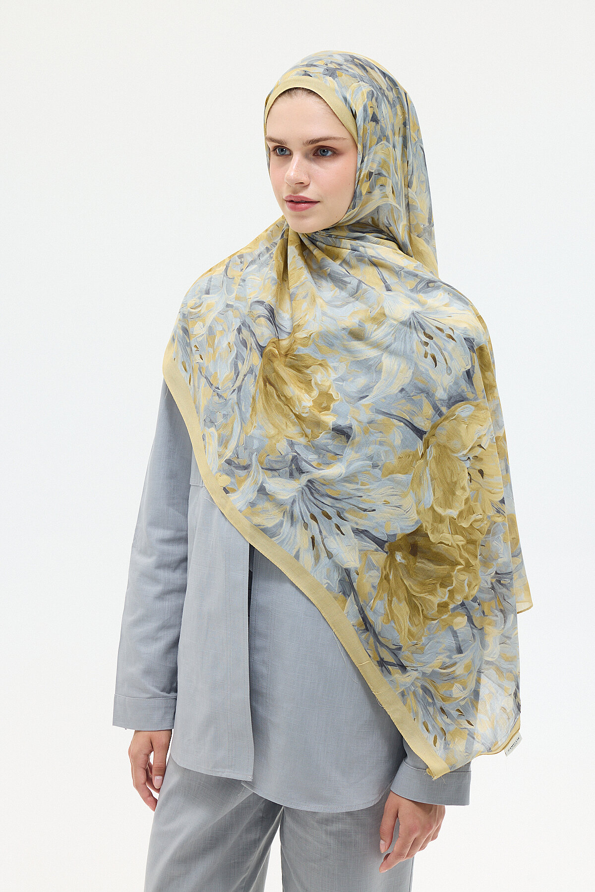 Elora Rami Şal - Sarı-Gri - Camellia Scarfs (1)