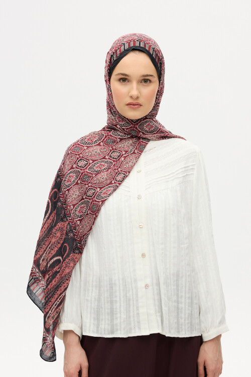 Ethnic Crash Şal - Siyah / Bordo - Camellia Scarfs
