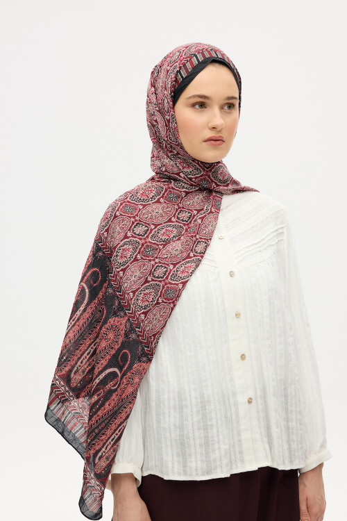 Ethnic Crash Şal - Siyah / Bordo - Camellia Scarfs (1)