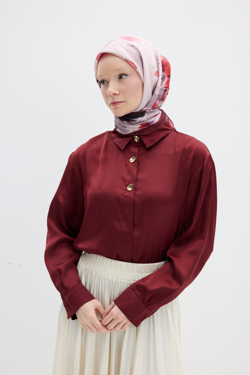 Fiore Desen Soft Eşarp - Bordo - 1