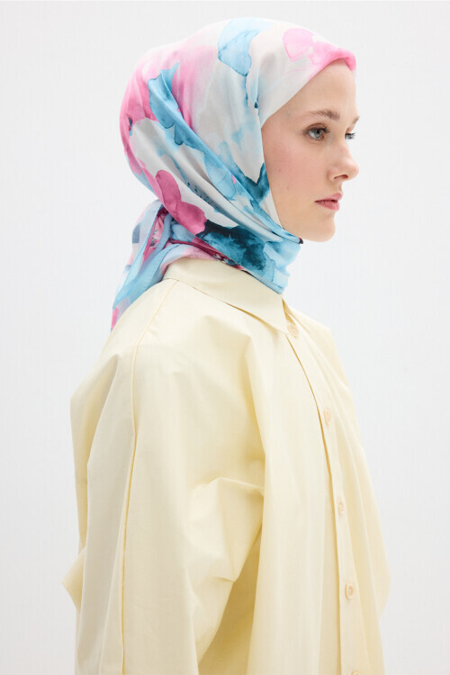 Fiore Desen Soft Eşarp - Canlı Mavi - Camellia Scarfs