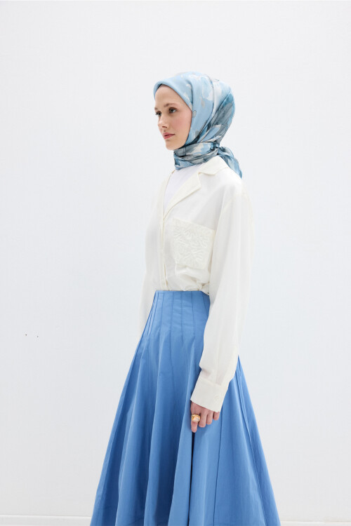 Fiore Desen Soft Eşarp - Mavi - Camellia Scarfs