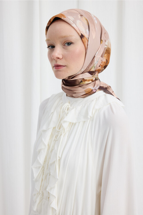 Fiore Desen Soft Eşarp - Vizon - Camellia Scarfs (1)