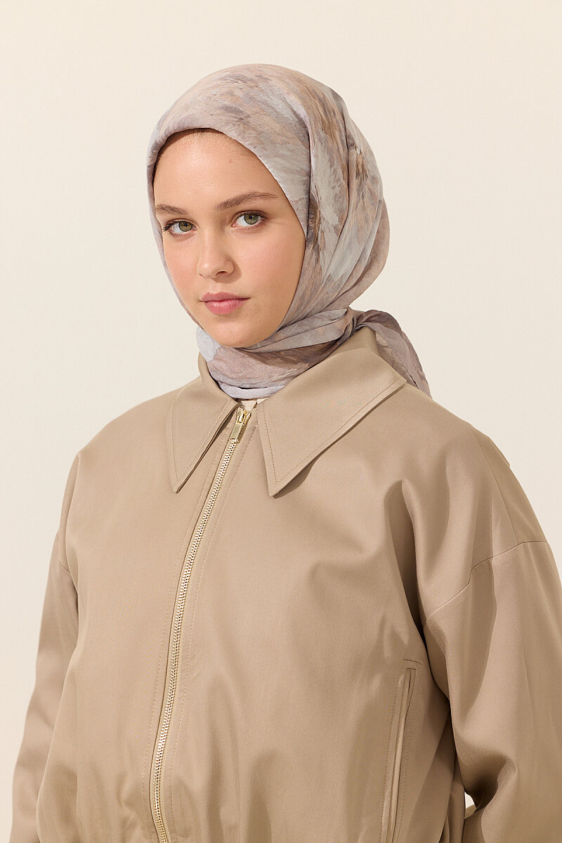 Flora Pamuk Viskon Eşarp - Gri Bej - 1