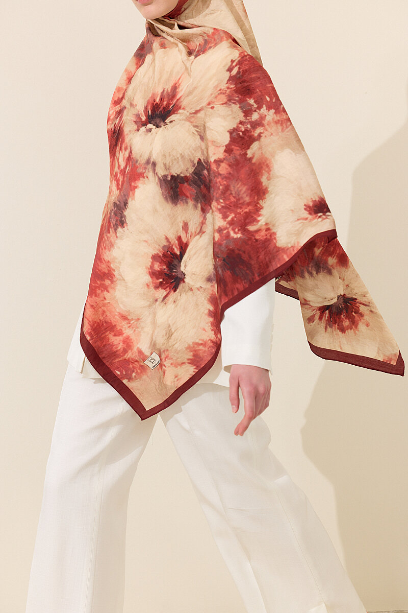 Flora Pamuk Viskon Şal - Bordo - 3