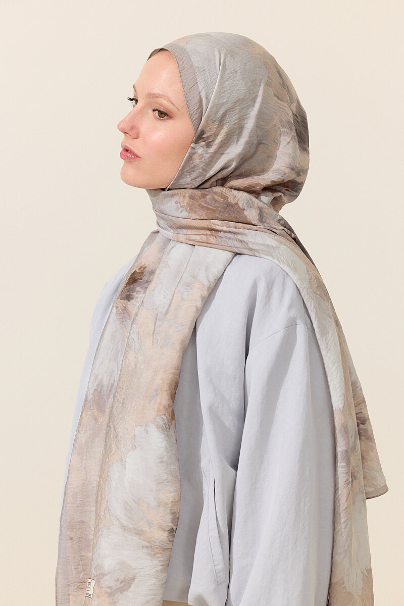 Flora Pamuk Viskon Şal - Gri Bej - 3