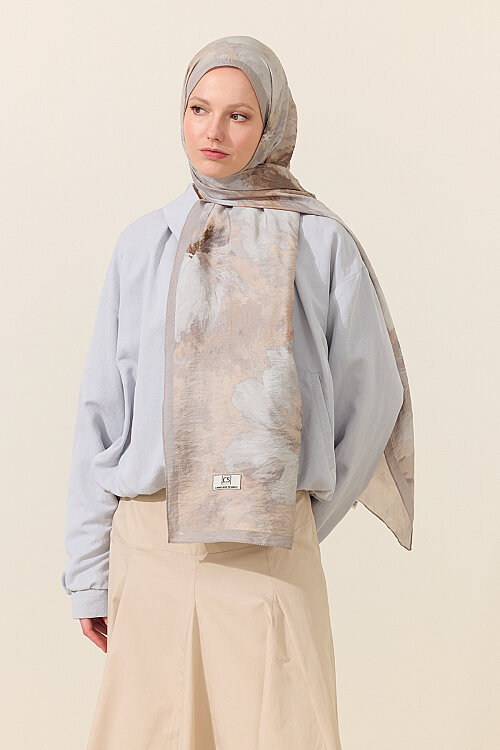 Flora Pamuk Viskon Şal - Gri Bej - Camellia Scarfs