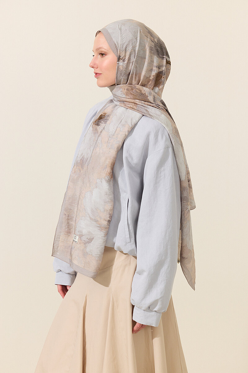 Flora Pamuk Viskon Şal - Gri Bej - 4