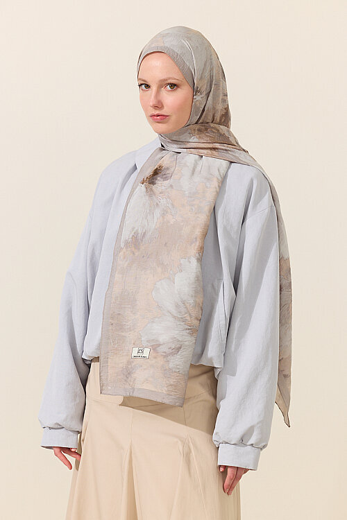 Flora Pamuk Viskon Şal - Gri Bej - Camellia Scarfs (1)