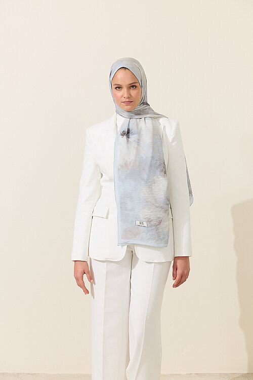 Flora Pamuk Viskon Şal - Mavi - Camellia Scarfs (1)