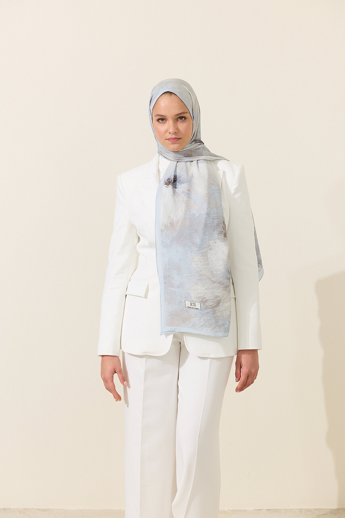 Flora Pamuk Viskon Şal - Mavi - Camellia Scarfs (1)